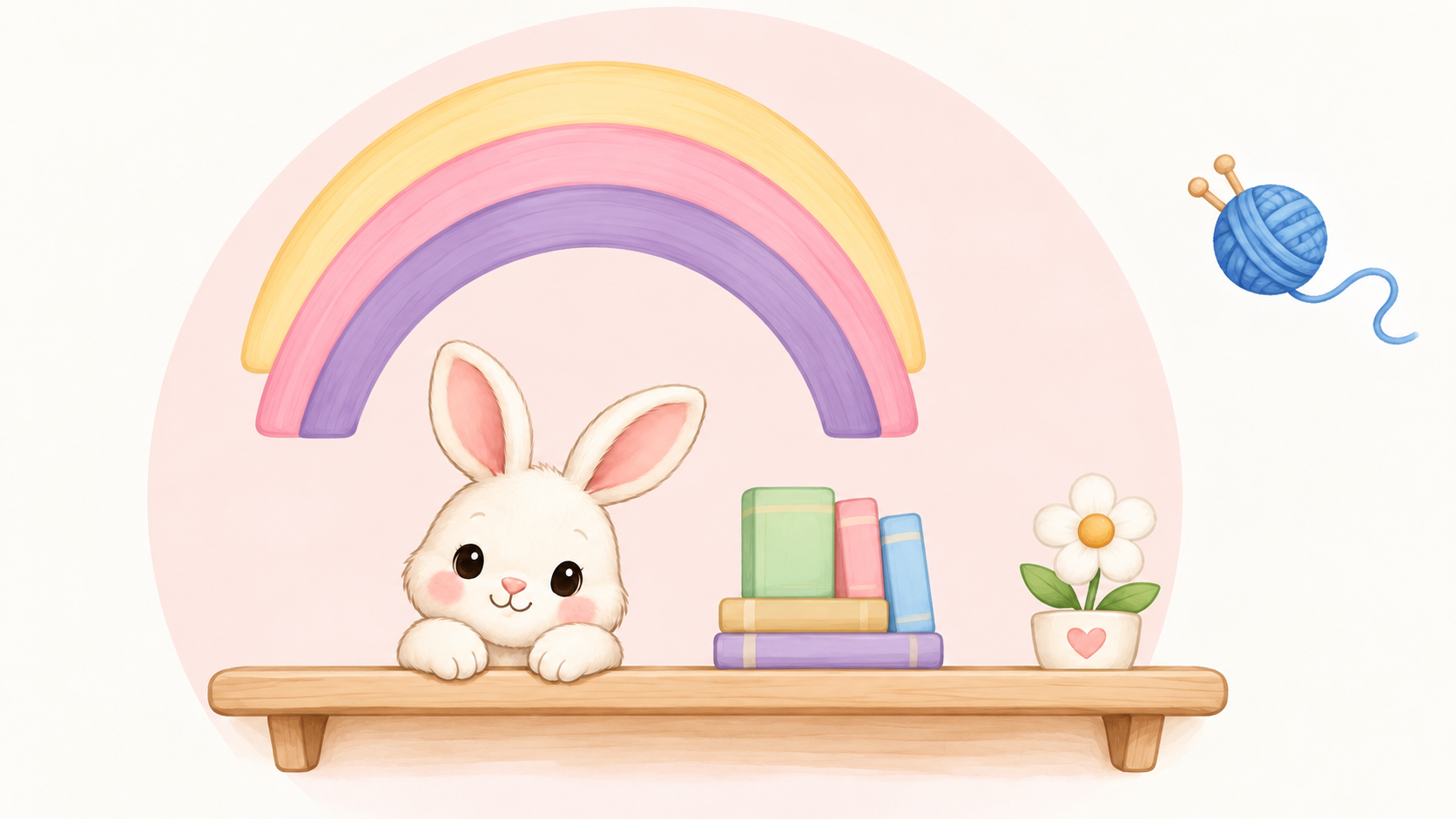 A bunny, colourful books, flower, yarn, and rainbow on a wooden shelf